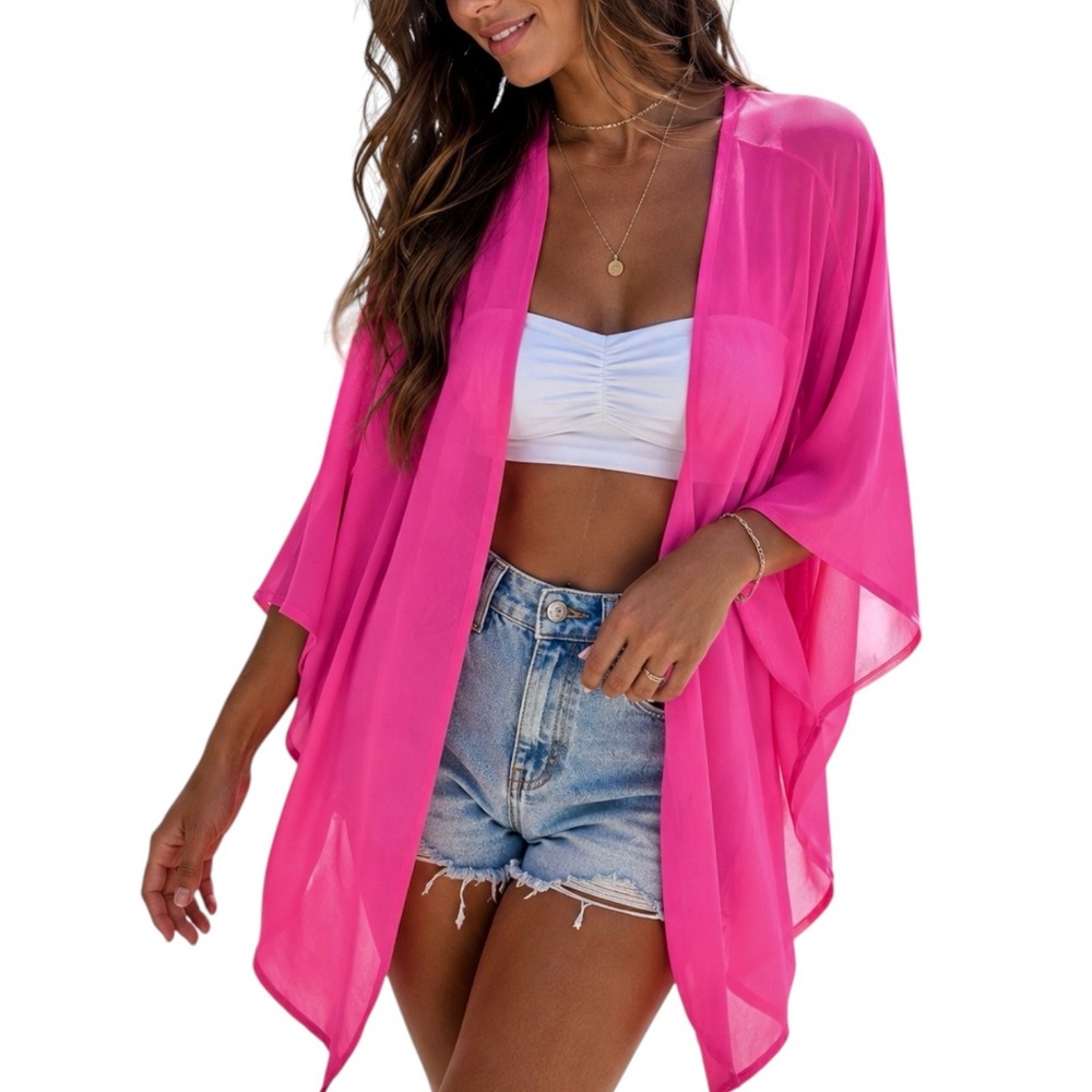 Moss Rose Bright Pink‎ Sheer Kimono Topper Cover Up One Size